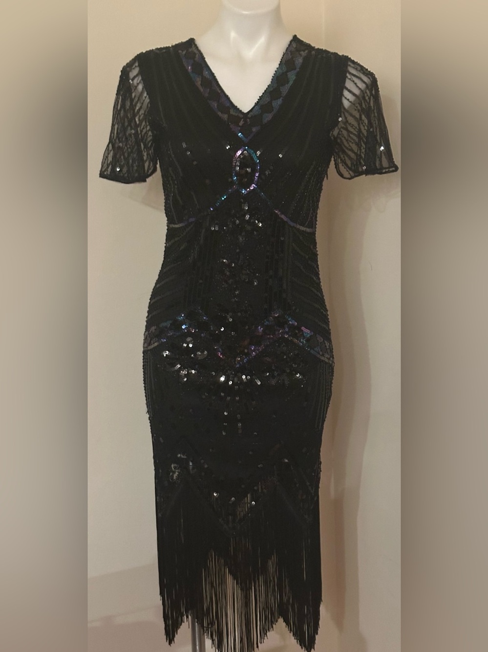 JICAGOM Black Sequence Beaded Fringe Midi V Neck Flapper Dress Sz Xs